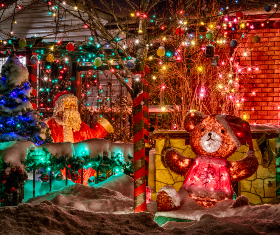 Outdoor Christmas Decorations on a Snowy Front Lawn